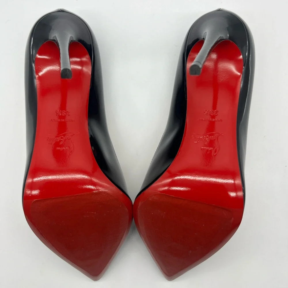 Christian Louboutin Black Patent Leather Pointed Toe Stilettos with Red Sole